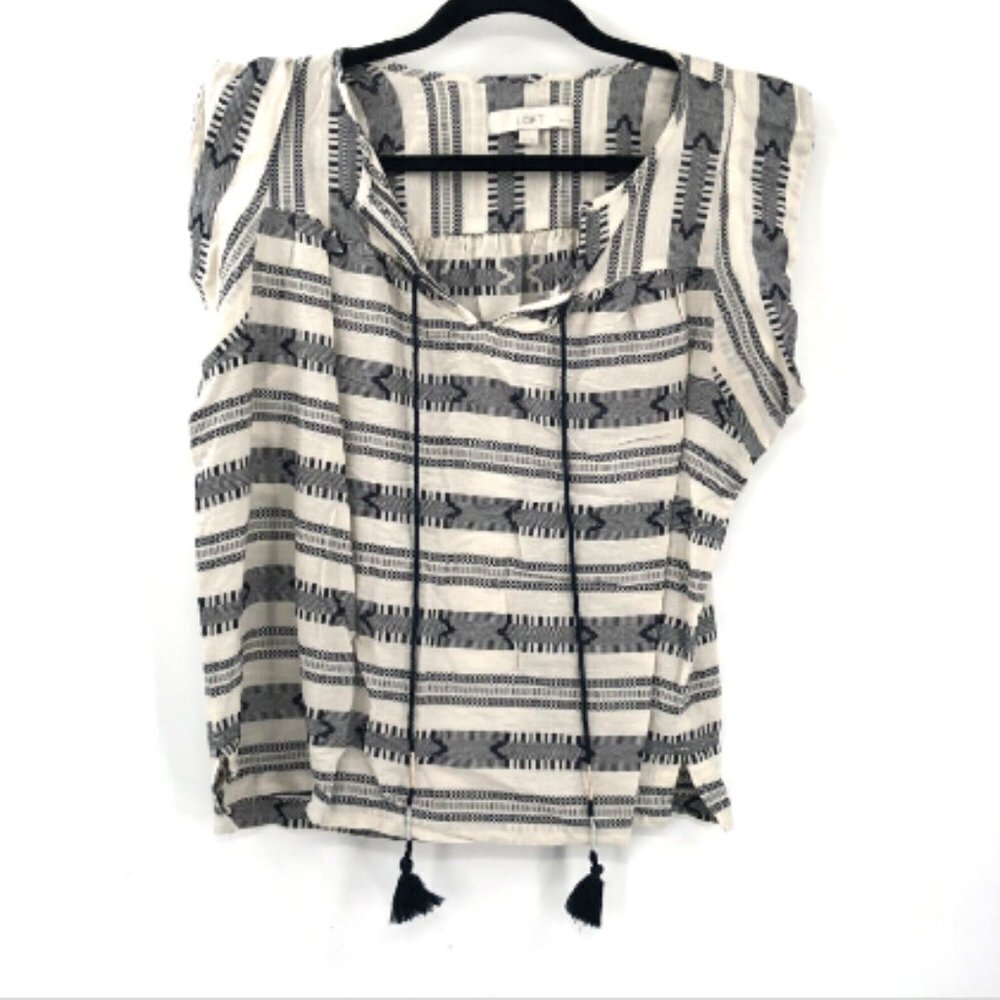 LOFT Tassel Tie Blouse Ivory Black Stripe Print Aztec Cotton Top Women MP Petite
